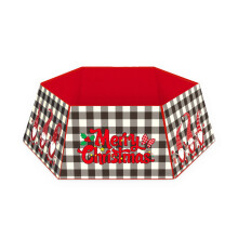 Saia decorativa para árvore de Natal com motivos natalinos clássicos, estampa xadrez rústica e laços de papel. Resistente e leve, fácil de