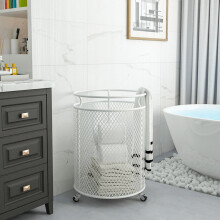 Laundry Hamper With Wheels Round Iron Laundry Cart Rolling Dirty Clothes Organizer For Dorms And Hotels White
