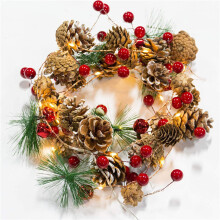Weihnachtsgirlande mit Lichterkette, batteriebetrieben, 2 m, 20 LEDs, Tannenzapfen- und rote Beeren-Lichterkette, verstellbare Form, warmweiße LEDs