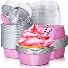 Himmlische herzförmige Dessertbecher, Soufflé-Becher aus Aluminiumfolie mit Deckel, vielseitig einsetzbar für Veranstaltungen im Innen- und