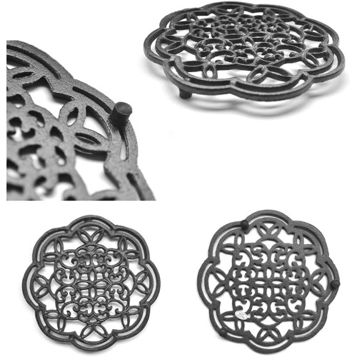 Round Cast Iron Coaster Heat Insulation NonSlip Vintage Pattern For Kitchen And Dining Table Decor 2