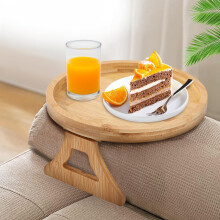 Mesa lateral dobrável de bambu para sofá, bandeja multifuncional para apoio de braço com abas ajustáveis, perfeita para sofás largos, mesa para