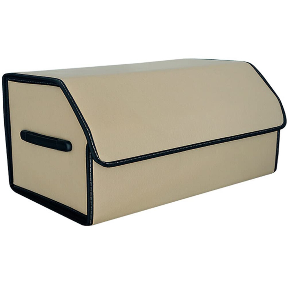 Car Collapsible Trunk Tidy Storage Organiser Box Pu Leather Waterproof With Lid Beige 9323874551050