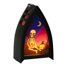 Drevená osvetlená dekorácia, Halloween párty dekorácia s tieňovou skrinkou na stôl, prenosný lampáš s efektom plameňa