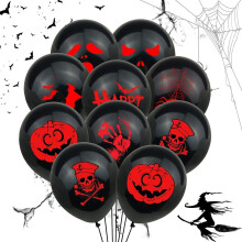 Halloweenské balónky, děsivé párty dekorace, červený netopýr, duch, tvář bílého krvavého otisku ruky, latexový balónek pro
