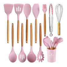 Utensílios de cozinha de silicone com cabo de madeira maciça, anti-escaldante, inodoro, resistente ao calor até 230 C (446 F), fáceis de