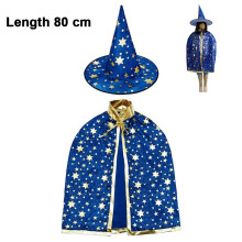 Cape de sorcier avec chapeau imprimé étoiles pour déguisement d'Halloween, costume d'enfant, cosplay, accessoires de fête ajustables.