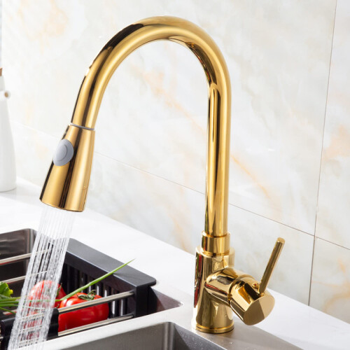 Pull Out Kitchen Mixer Tap Gold Finish, Dual Spray Mode, Pull Down Spray Head, Hot and Cold, Single Handle