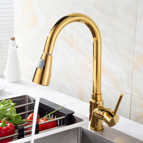 Pull Out Kitchen Mixer Tap Gold Finish, Dual Spray Mode, Pull Down Spray Head, Hot and Cold, Single Handle 2