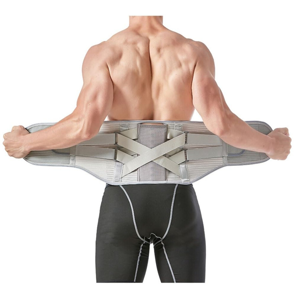 Light/Gray Selfheating Back Brace 3 Lumbar Pads, Breathable Back Belt, Herniated Disc Sciatica Scoliosis, Size L