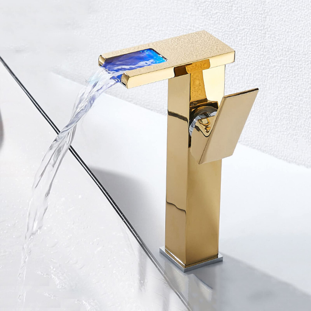 Waterfall Tap Led Brass Bathroom Basin Faucet, 3Color Changing, Single Handle, Singlehole Cold Hot Water Mixer, Gold 9339159787908