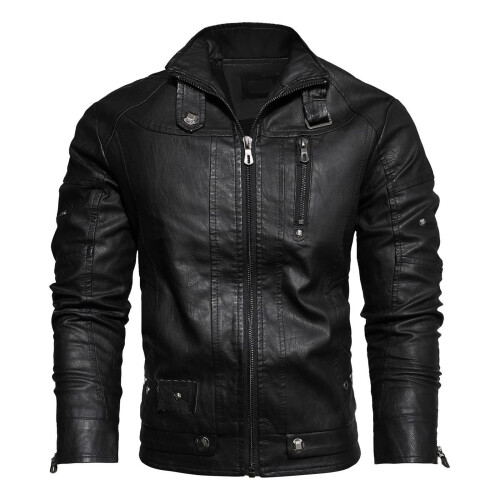 Men's Leather Jacket Motorcycle Retro Windproof Bomber Black 3XL