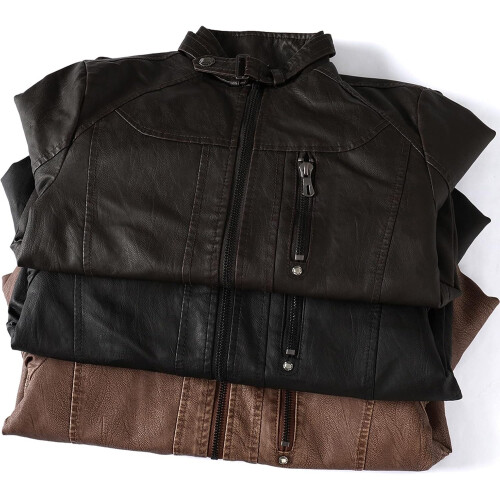 Men's Leather Jacket Motorcycle Retro Windproof Bomber Black 3XL 2
