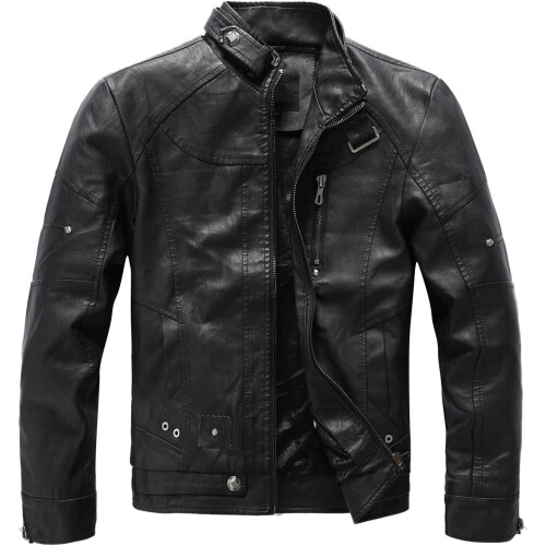 Men's Leather Jacket Motorcycle Retro Windproof Bomber Black 3XL 1