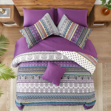 Duvet Cover Set Purple Grey Bohemian Striped Bedding, Double Size 200x200cm, 2 Pillowcases, Moroccan Style, Microfiber