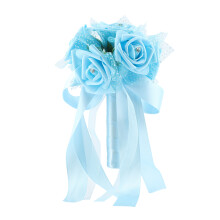 Buquê de Dama de Honra para Casamento, Buquê de Noiva com Rosas Artificiais, Broche Brilhante e Acabamento em Cetim com Toque de Seda (Azul Claro)