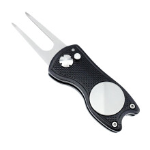 Golf Divot Tool, Metal Foldable Pitch Mark Tool with PopUp Button and Magnetic Ball Marker (Black)