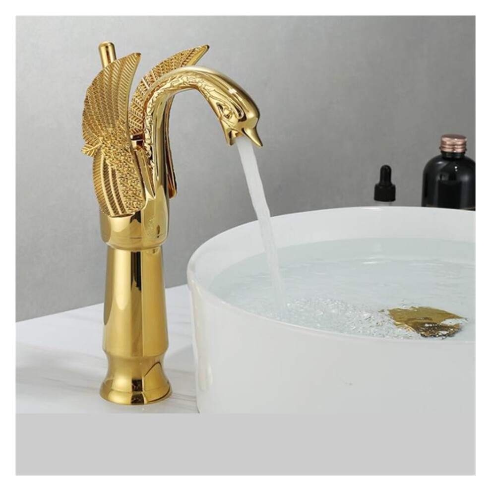 Luxury Bathroom Sink Faucet Deck Mount Hot And Cold Mixer, Vintage Copper Swan Style Basin Faucet, Golden Color 9339159794555
