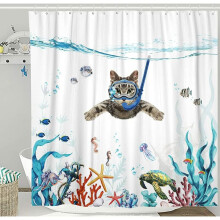 Rideau de douche en tissu imperméable, motif chat plongeur bleu turquoise, couleurs vives, pour la décoration de salle de bain (Chat amusant, 183 x