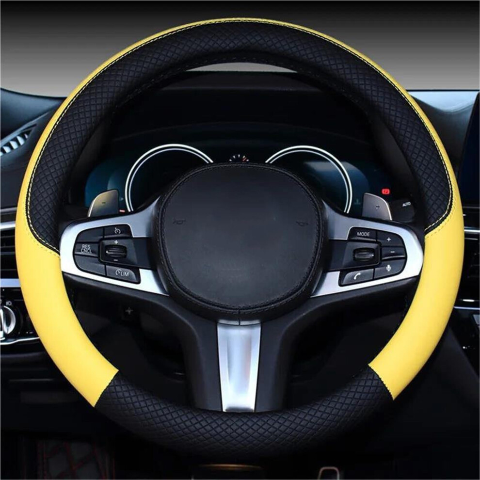 Leather Steering Wheel Cover Universal Pu Nonslip Breathable Grip For Car Black/Yellow 9323874562155