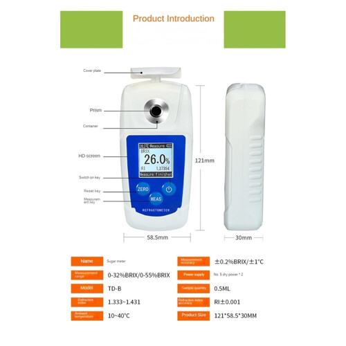 Refractometer Hydrometer 055% BatteryPowered Portable Sugar Meter For Fruit Juice Drinks WhiteBlue 2
