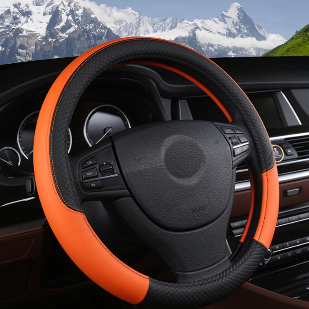 Leather Antislip Steering Wheel Cover 38Cm, Universal Car And Truck Protector For Toyota Camry Black/Orange 9339159795910