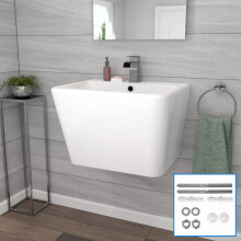 Nes Home White Modern Rectangle 565mm Square Wall Hung Ceramic Basin