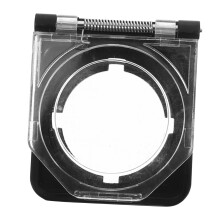 Transparent safety switch cover for computers, springloaded childproof protection, durable for industrial use.