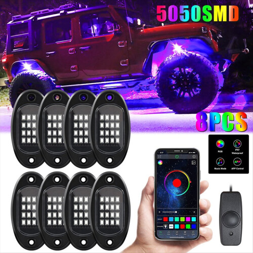 8 Pods RGB LED Rock Lights Kit Underglow Multicolor Neon Light Pod wit