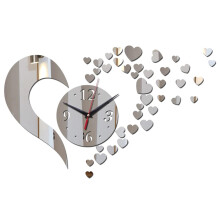 Frameless Wall Clock DIY Mirror Sticker Quartz Movement Silver Heart Design Living Room Home Office Decor