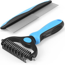Pet Grooming Combo Blue Deshedding Brush With Metal Comb For Detangling And Dematting LongHaired Cats And Dogs