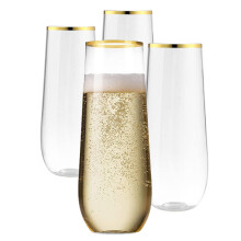 Stemless Plastic Champagne Flutes 9 Oz, Clear Plastic Glasses With Gold Rim, Unbreakable 8 Pcs (270 ml)
