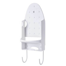 Wallmounted iron holder, heatresistant, widened, organizer for electric iron with hooks for cabinet, hotel, white