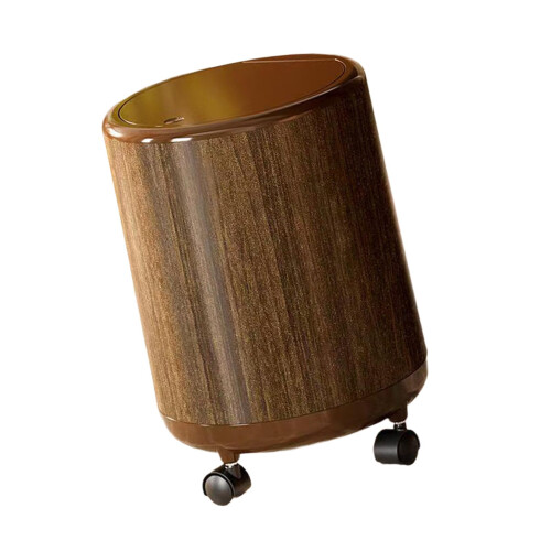 Waterproof Decorative Trash Bin 12L Large Capacity Wood Grain Pattern Rolling Trash Bin On Wheels Indoor Use