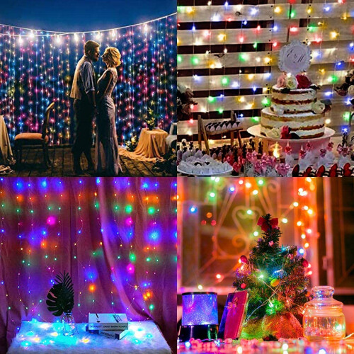 Timer Function Curtain String Lights, Easy Install Remote Control For Waterproof Decor, USB Powered Multicolor Fairy Lights Untangled Wires (3x3 Meter 1