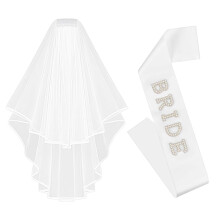 Bridal Sash Pearled Satin 2Piece Set With DoubleSided Cascade Veil With Comb White Wedding Veil