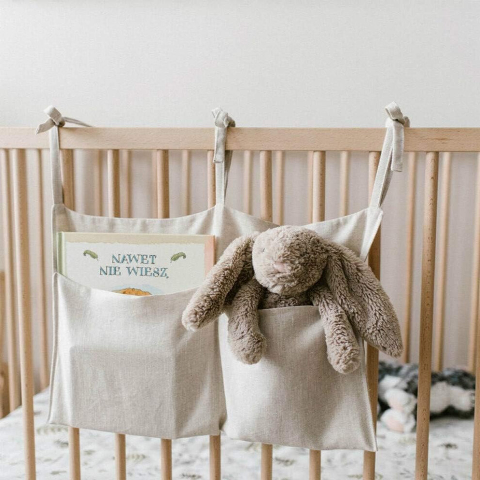 Crib Organizer Hanging, Natural Linen Bedside Storage with Two Pockets, High Capacity for Baby Toys and Essentials