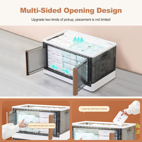 Foldable plastic storage boxes, stackable, transparent, with lid and wheels 1