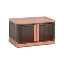 Foldable plastic storage boxes, stackable, transparent, with lid and wheels