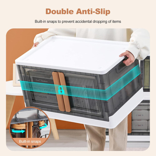Foldable plastic storage boxes, stackable, transparent, with lid and wheels 2