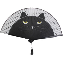 Leque de mão elegante, com design de gato de desenho animado, feito de bambu e seda, ideal para acessórios de casamento ou decoração de casa.
