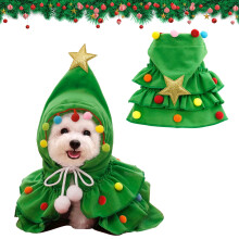 (Green)Pet Christmas Costume, Christmas Pet Cape Xmas Tree Cape with Santa Hat Puppy Xmas Cloak with Star and Pompoms Cosplay Dress compatible w