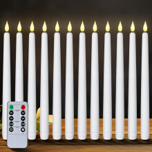 Set Of 12 Battery Operated Led Taper Candles With Remote, Ivory Dining Candles Smooth Wax Finish, Warm White Led