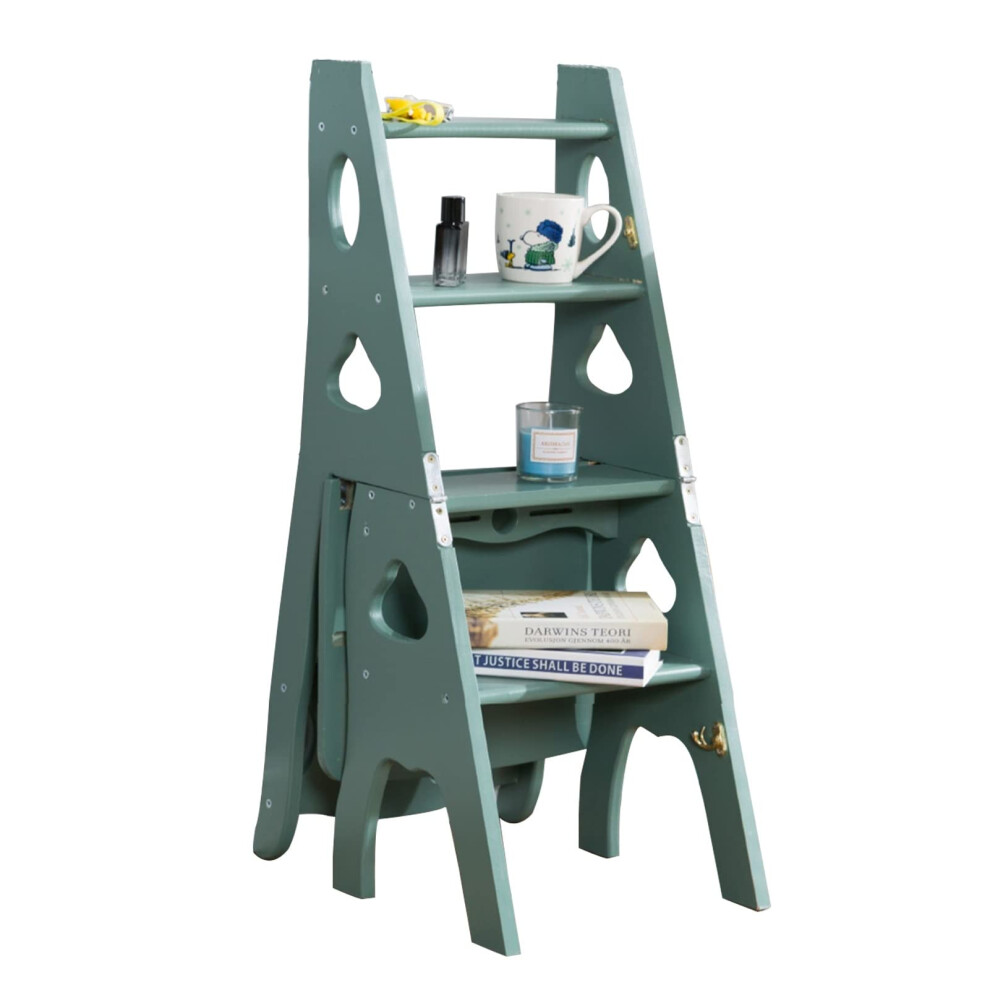 4 Steps Folding Wooden Ladder Chair Stool, Wooden Foldable Ladder Stool, Library Ladder Bookshelf Storage Display 9323874572949