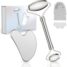 Gua Sha Set, Gua Sha Board & Face Roller Stainless Steel, Gua Sha Tool Skin Depuffing, Cold Uplift Facial Massage Beauty Device with Carrying Bag