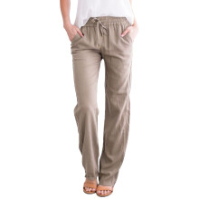 Linen trousers, women's summer, waist, loose, plussize, cotton with drawstring, casual A01 khaki XL