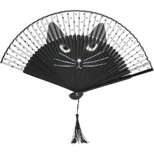 Faltfächer für den Sommer, Vintage-Handfächer mit Bambusrahmen und eleganter Quaste, handbemalter Fächer mit Cartoon-Katzenmotiv für