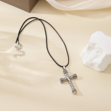 (Silver with 45+5cm wax rope) Cross pendant necklace, a retro trend religious necklace for both men and women