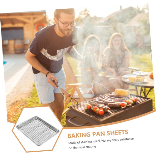 2 Pieces Drain Baking Tray Set Rectangular Stainless Steel Baking Tray With Removable Cooling Rack 2