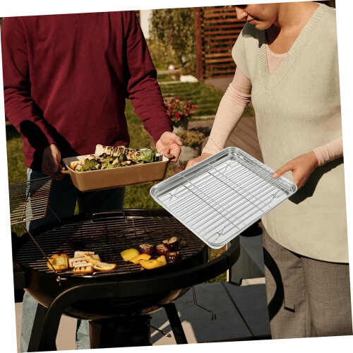 2 Pieces Drain Baking Tray Set Rectangular Stainless Steel Baking Tray With Removable Cooling Rack 1